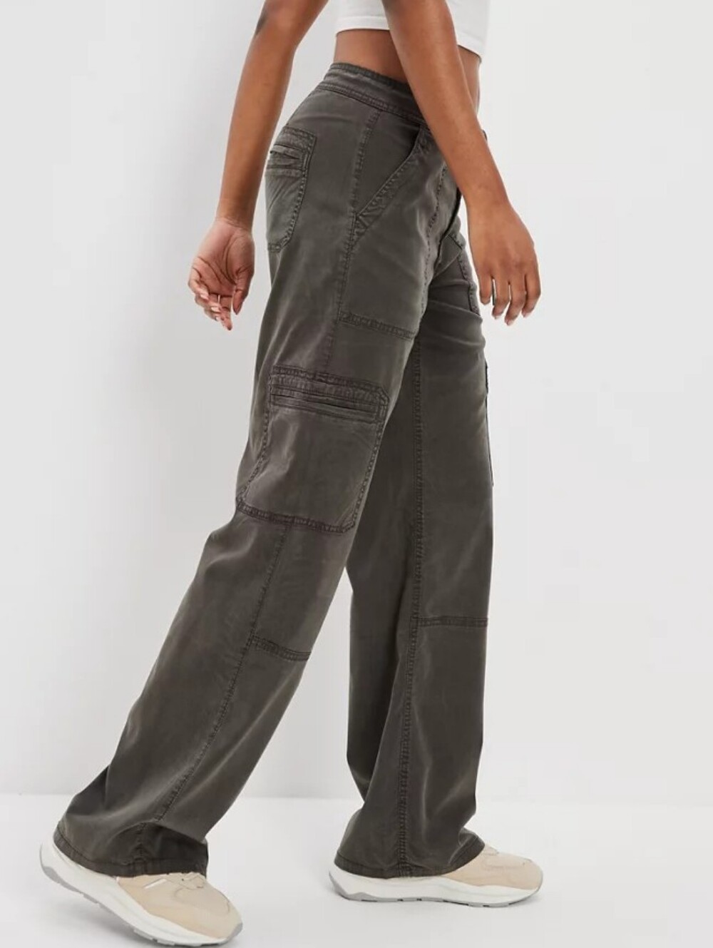 American Eagle Womens Haze Grey Dreamy High Waist Baggy Wide Leg Cargo Pant 12R - Picture 3 of 16